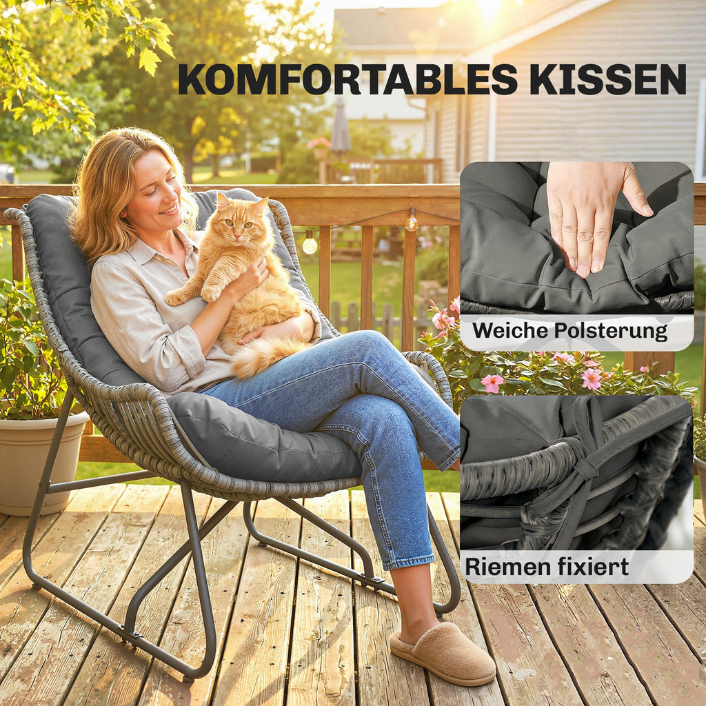 Stilvoller Rattan Gartensessel mit Komfortablem Kissen für den Außenbereich – Grau