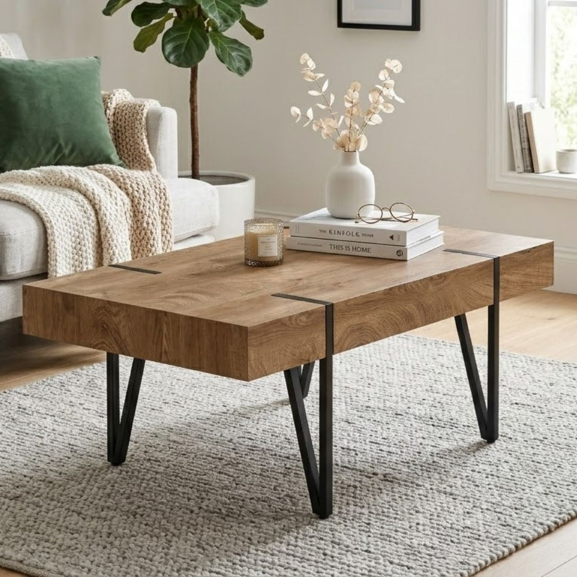 Moderner Couchtisch im Industrial-Stil mit extra starker Tischplatte – 105 x 60 cm