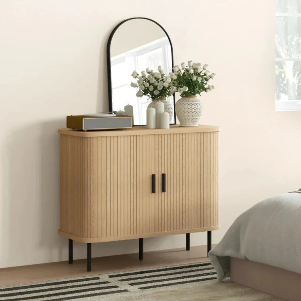 Retro Geriffelter Schrank in Eichenoptik mit Schiebetüren – 90 cm
