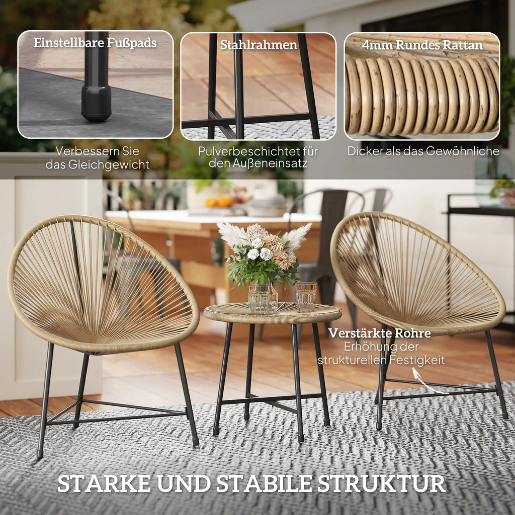 Stilvolle Acapulco Sitzgruppe für Balkon und Terrasse – 2 Sessel und Tisch – Naturfarbenes Rattan