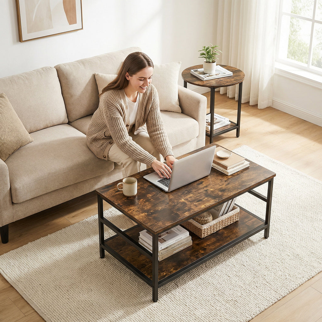 Couchtisch-Set 2-teilig mit Stauraum – Runder und Rechteckiger Satztisch im Industriellen Stil – Rustikal Braun
