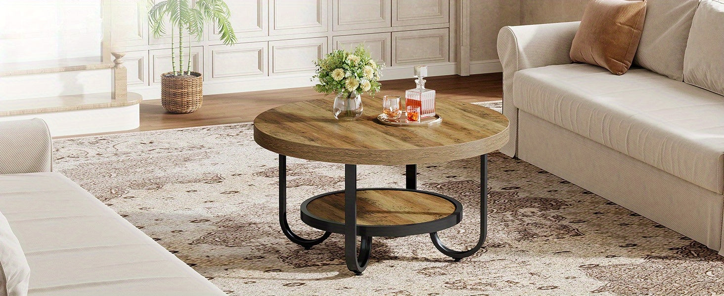 Eleganter runder Couchtisch mit Ablage – Gebogener Stahlrahmen – Ø80 cm