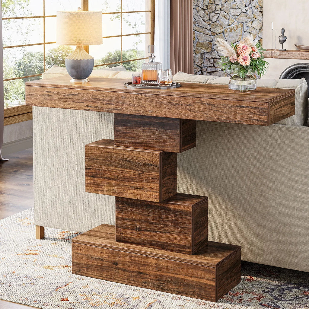 Rustikaler Konsolentisch im geometrischen Design – Dunkelbraun - 108 cm