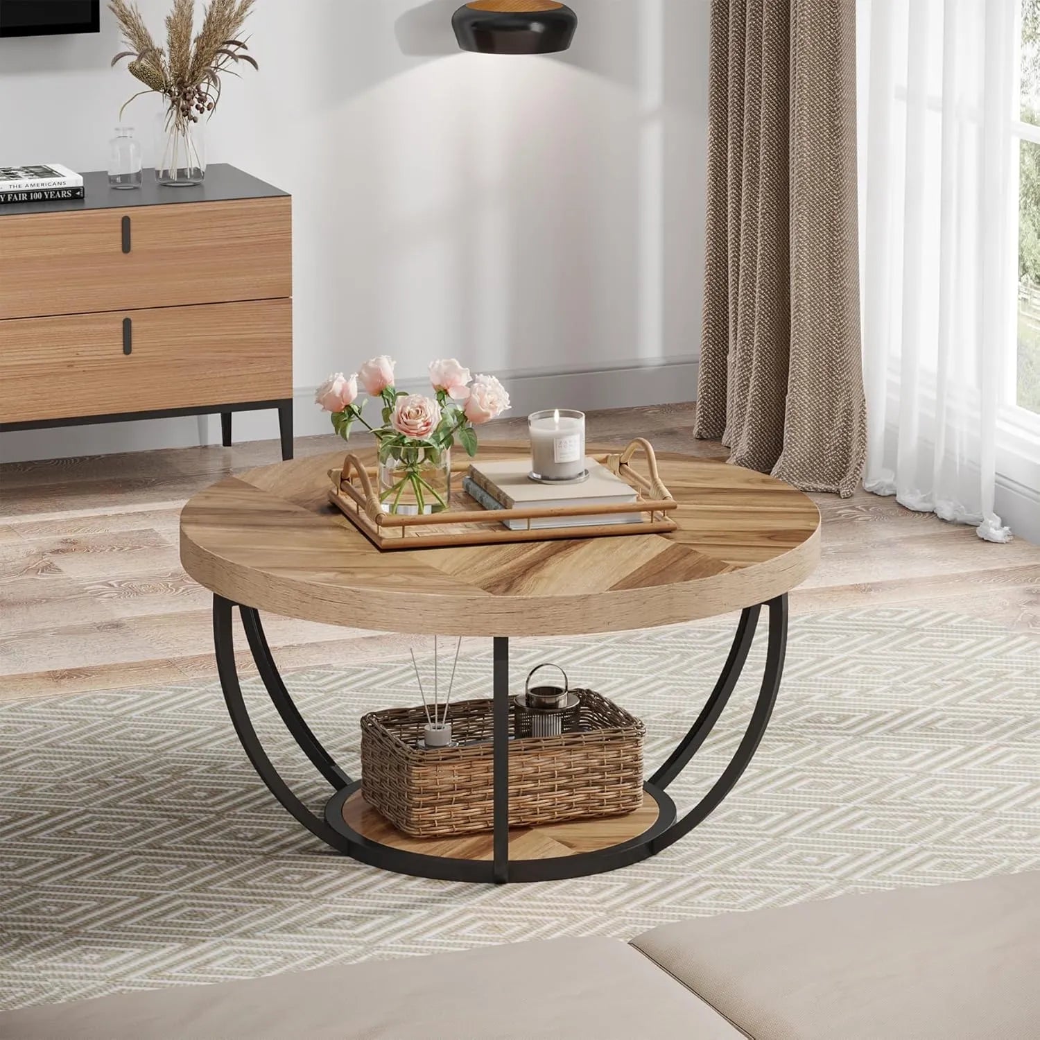 Eleganter Runder Couchtisch mit Ablageboden – Bogenförmiger Stahlrahmen – Ø80,5 cm