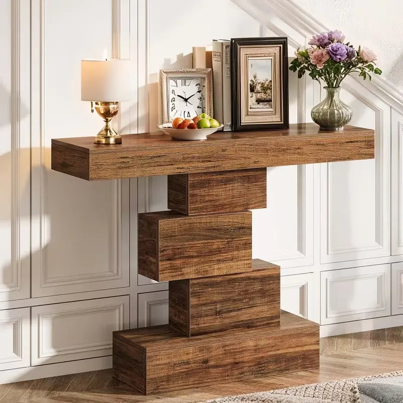 Rustikaler Konsolentisch im geometrischen Design – Dunkelbraun - 108 cm