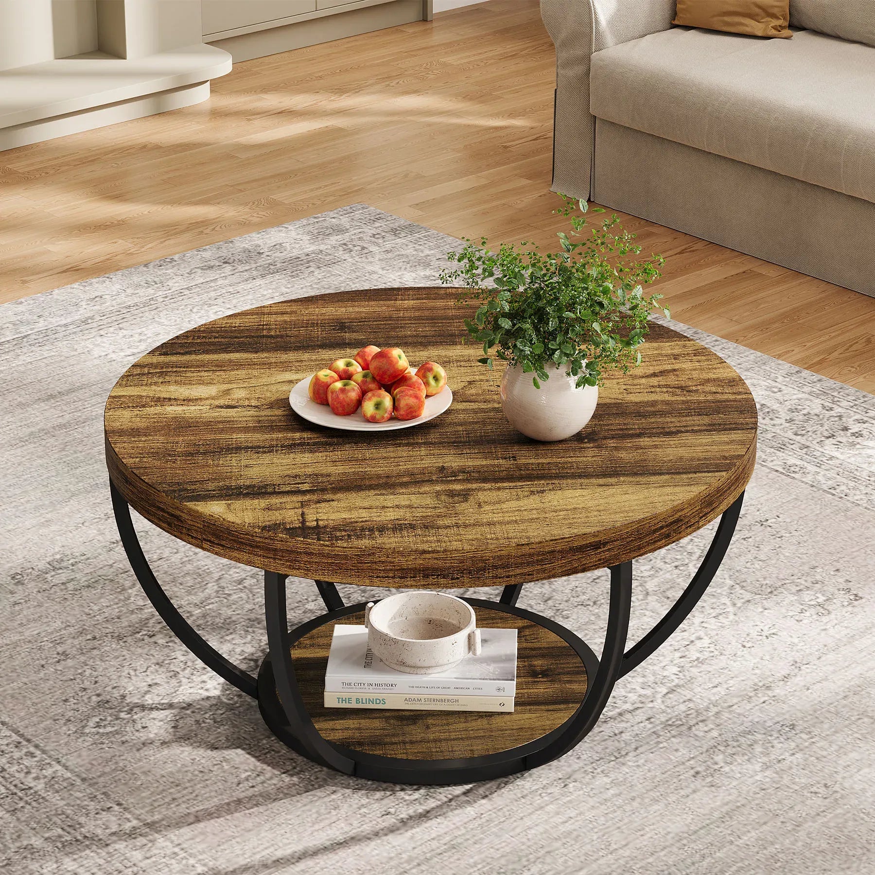 Eleganter Runder Couchtisch mit Ablageboden – Bogenförmiger Stahlrahmen – Ø80,5 cm