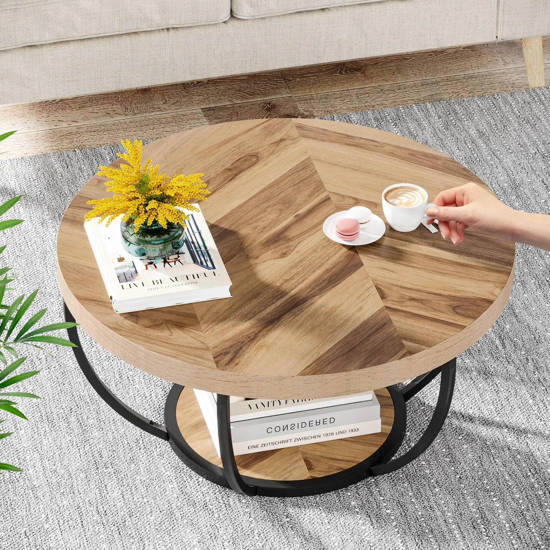 Eleganter Runder Couchtisch mit Ablageboden – Bogenförmiger Stahlrahmen – Ø80,5 cm