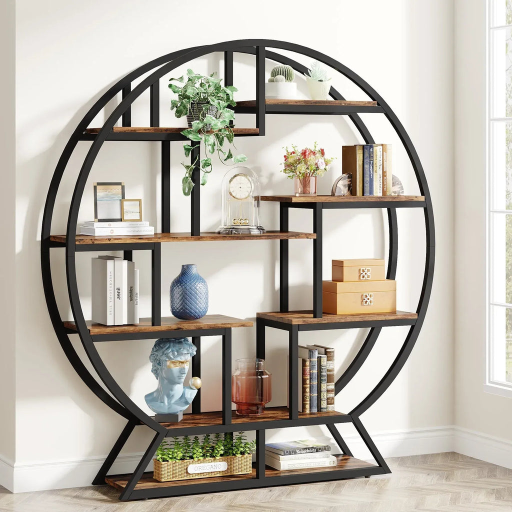 Einzigartiges rundes Regal aus Holz und Metall – 158 cm hoch – Industriestil