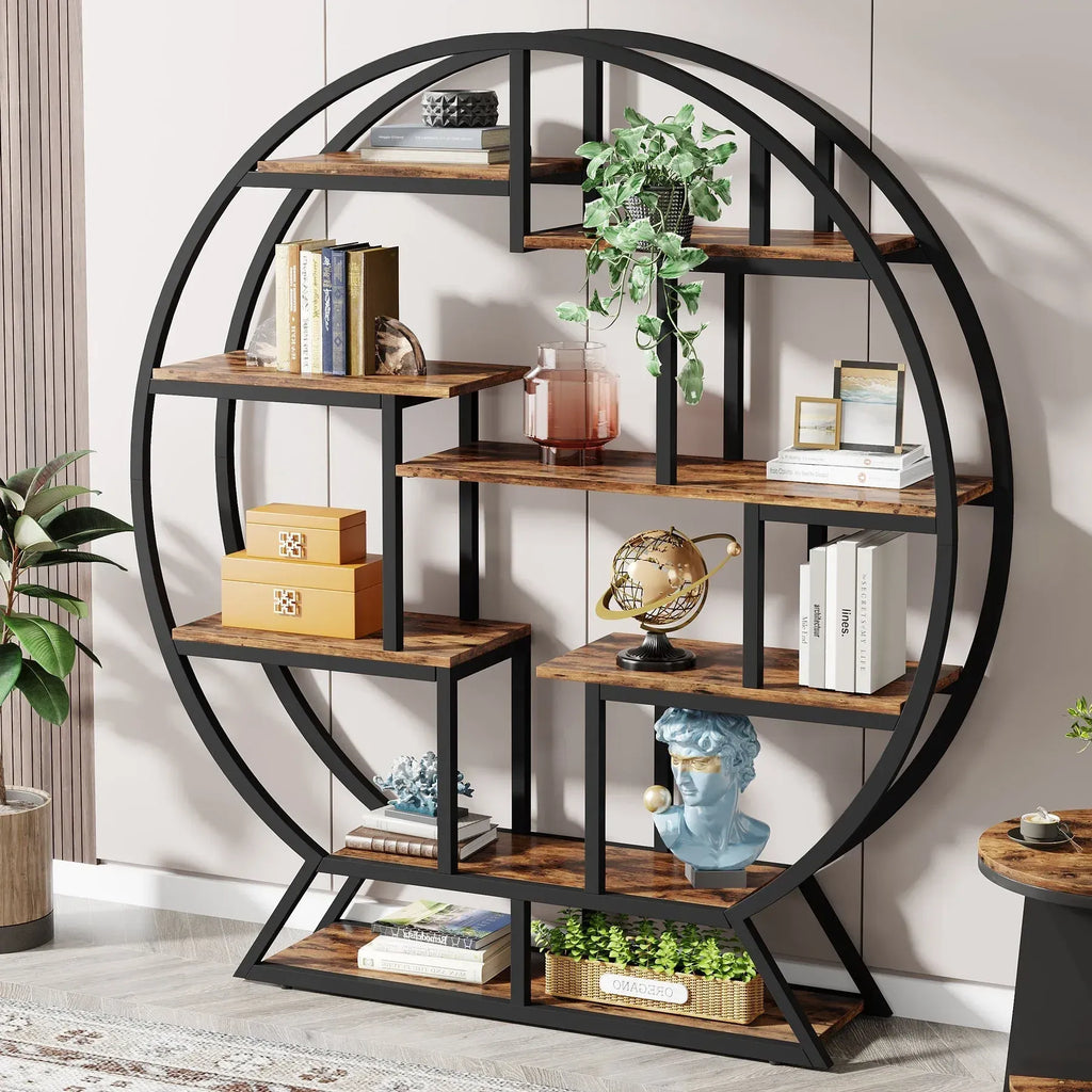 Einzigartiges rundes Regal aus Holz und Metall – 158 cm hoch – Industriestil