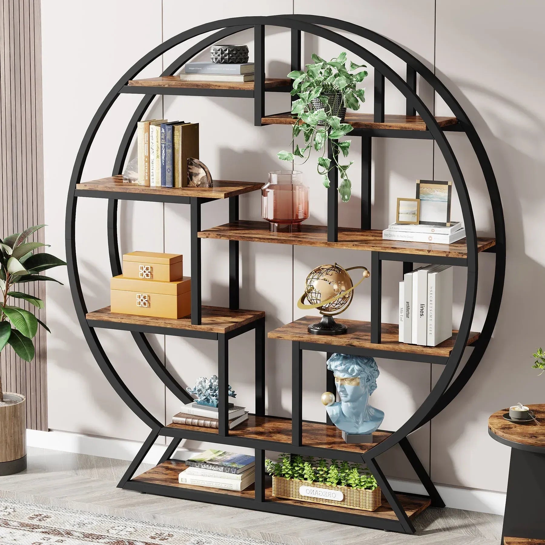 Einzigartiges rundes Regal aus Holz und Metall – 158 cm hoch – Industriestil