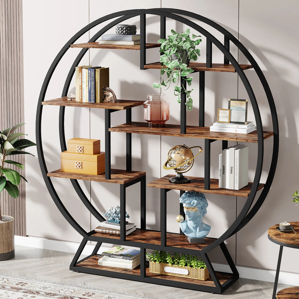 Einzigartiges rundes Regal aus Holz und Metall – 158 cm hoch – Industriestil