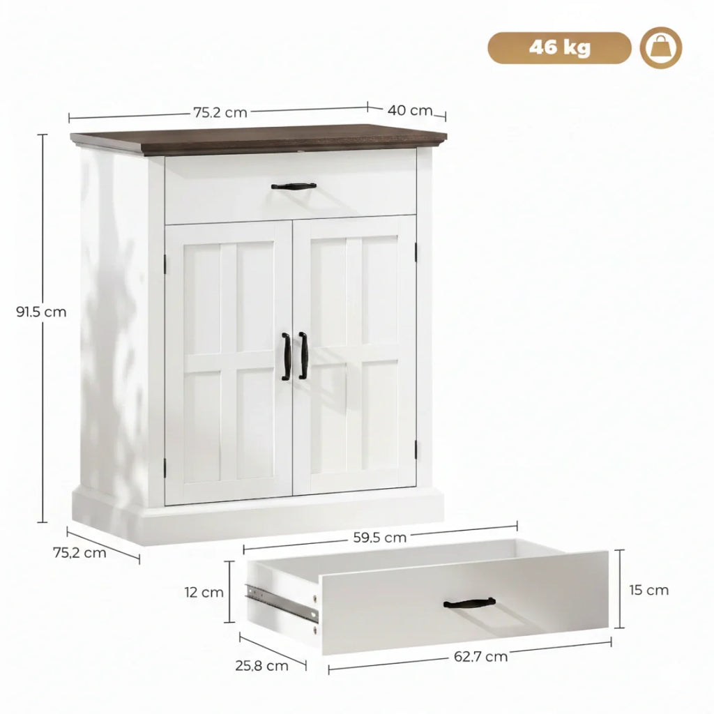 Rustik Kommode mit 2 Türen und 1 Schublade – Weiß & Dunkelbraun – 75,2 × 91,5 cm