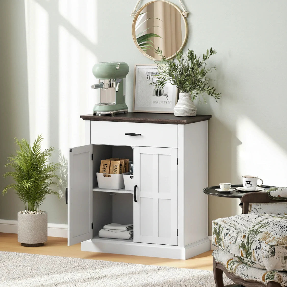 Rustik Kommode mit 2 Türen und 1 Schublade – Weiß & Dunkelbraun – 75,2 × 91,5 cm