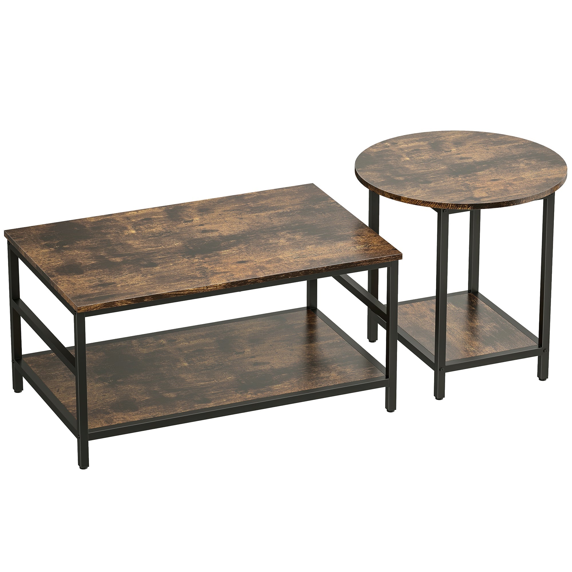 Couchtisch-Set 2-teilig mit Stauraum – Runder und Rechteckiger Satztisch im Industriellen Stil – Rustikal Braun