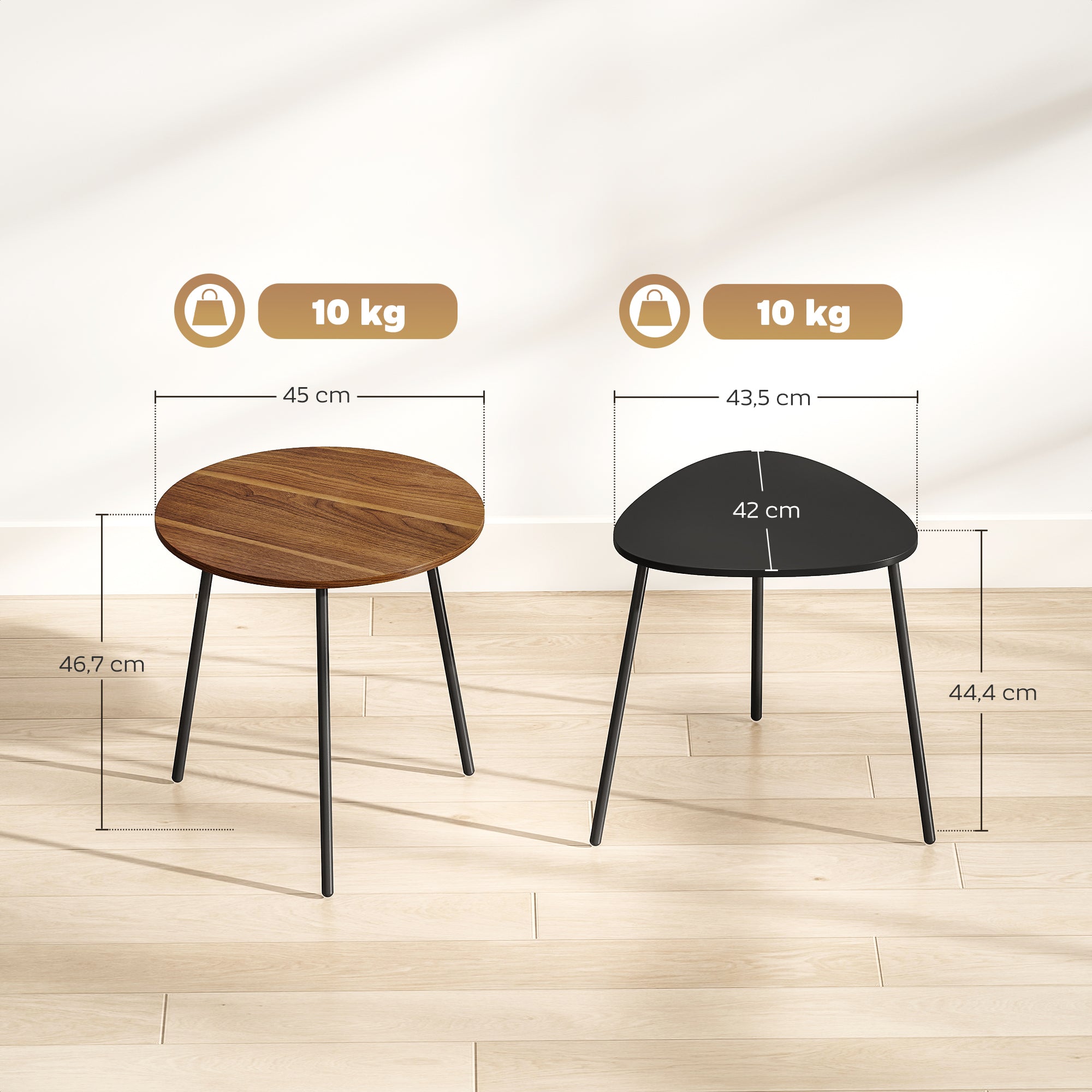 Elegantes Set mit 2 Satztischen in Walnussoptik und Schwarz – Runder & Dreieckiger Couchtisch im Modernen Design
