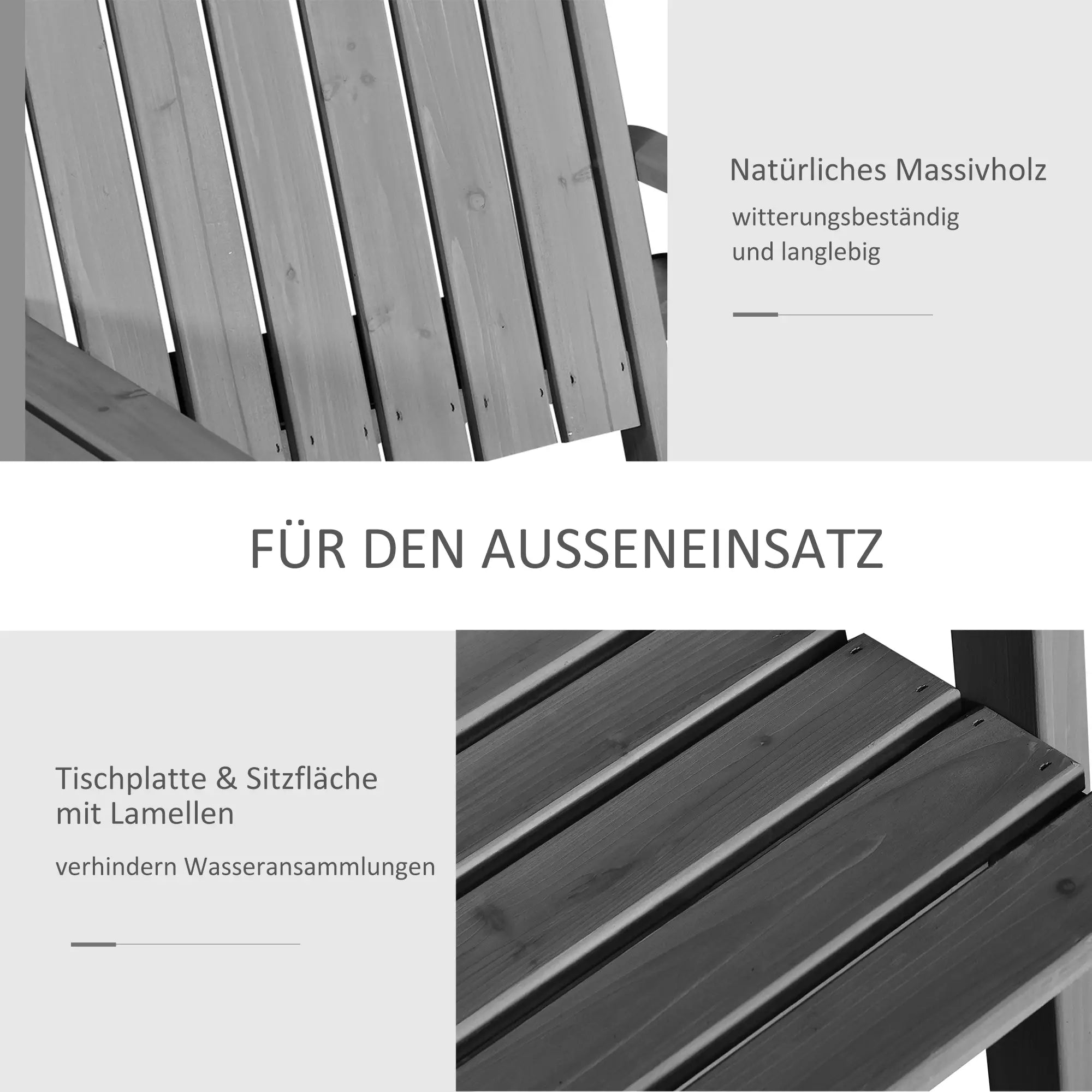 Gartenbank aus Massivholz mit integriertem Tisch – 2-Sitzer – 152 cm – Grau