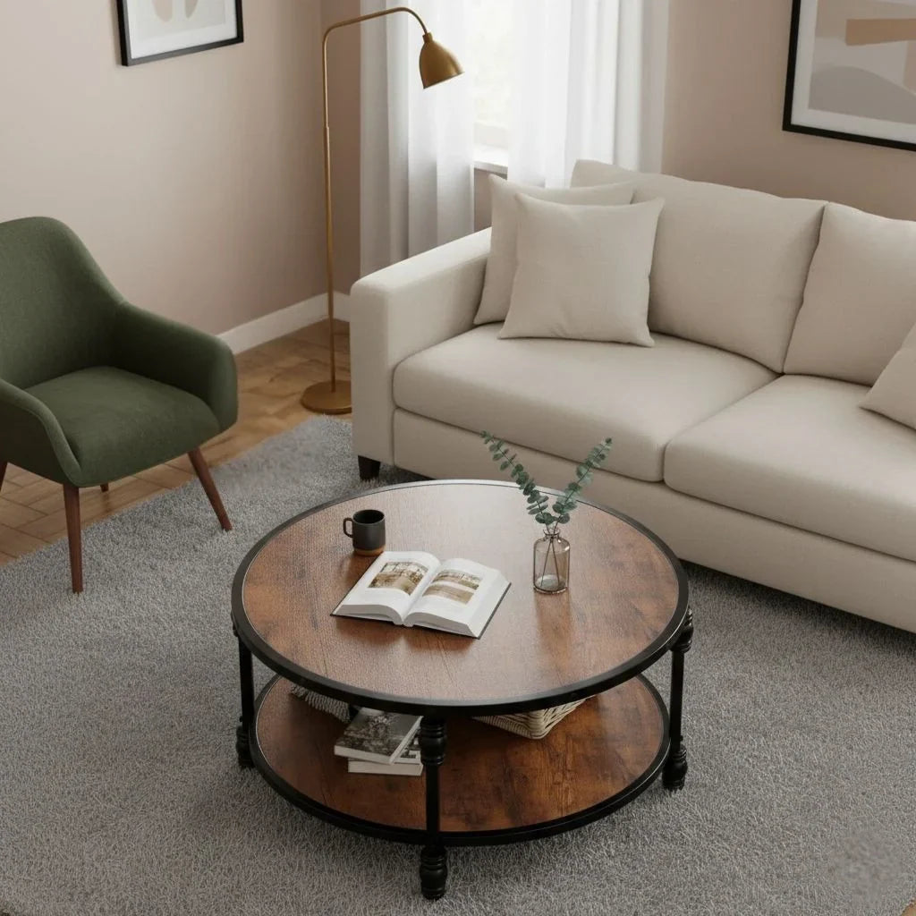 Runder Couchtisch im Industriellen Stil mit Ablagefläche – Ø72 cm