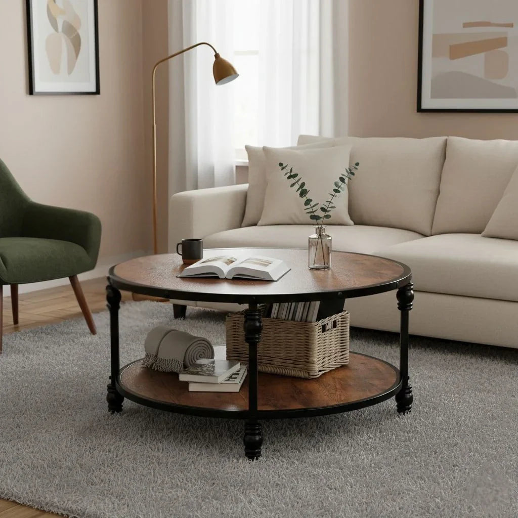 Runder Couchtisch im Industriellen Stil mit Ablagefläche – Ø72 cm