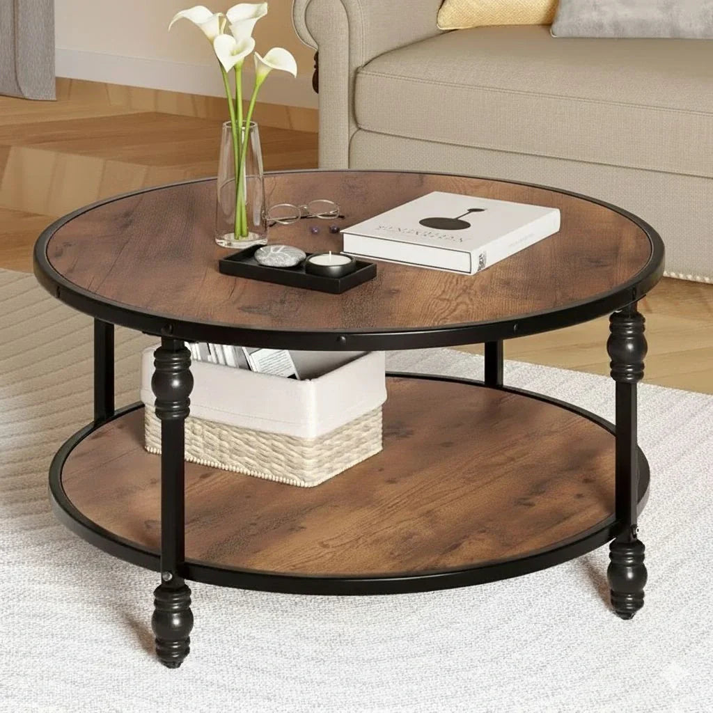 Runder Couchtisch im Industriellen Stil mit Ablagefläche – Ø72 cm
