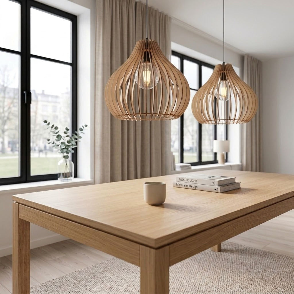 Elegante Deckenlampe aus Naturholz – Skulpturales Tropfenförmiges Design