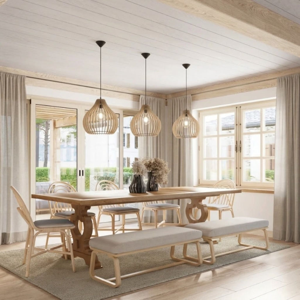 Elegante Deckenlampe aus Naturholz – Skulpturales Tropfenförmiges Design