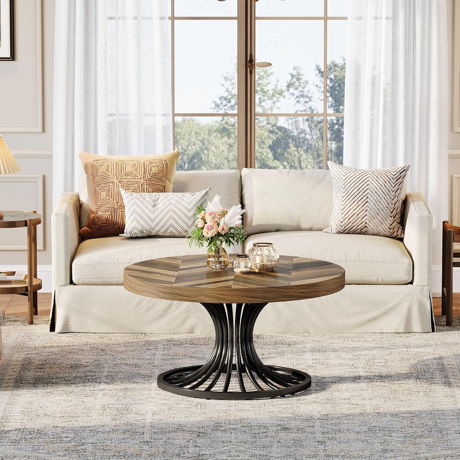 Stilvoller Runder Couchtisch – Spiralformiges Stahlgestell – Ø80 cm
