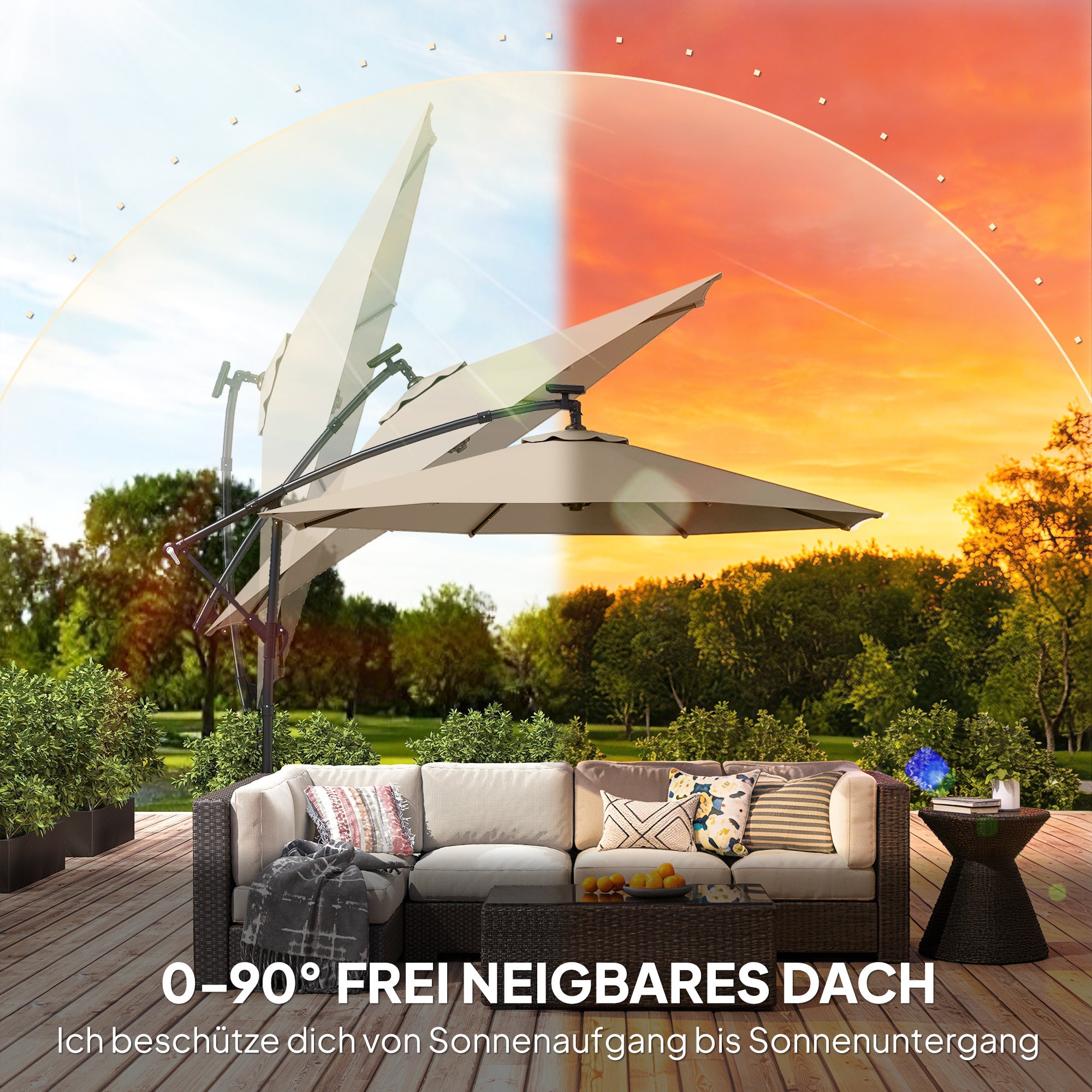 Ampelschirm 3×3 m mit Integrierter LED-Beleuchtung – 360° Verstellbar für Terrasse & Garten