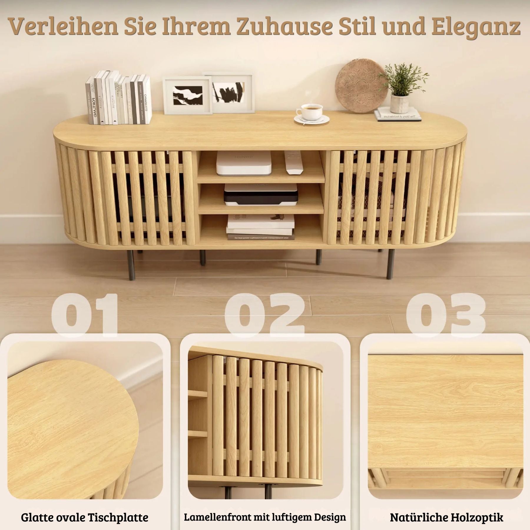 Stilvolles TV-Lowboard im skandinavischen Design mit Lamellentüren – 140 cm